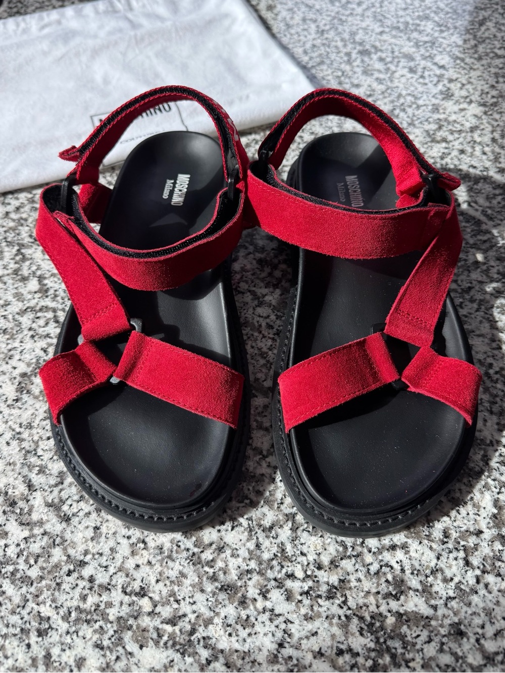 Men’s red Suede Strappy Sandals by Moschino
